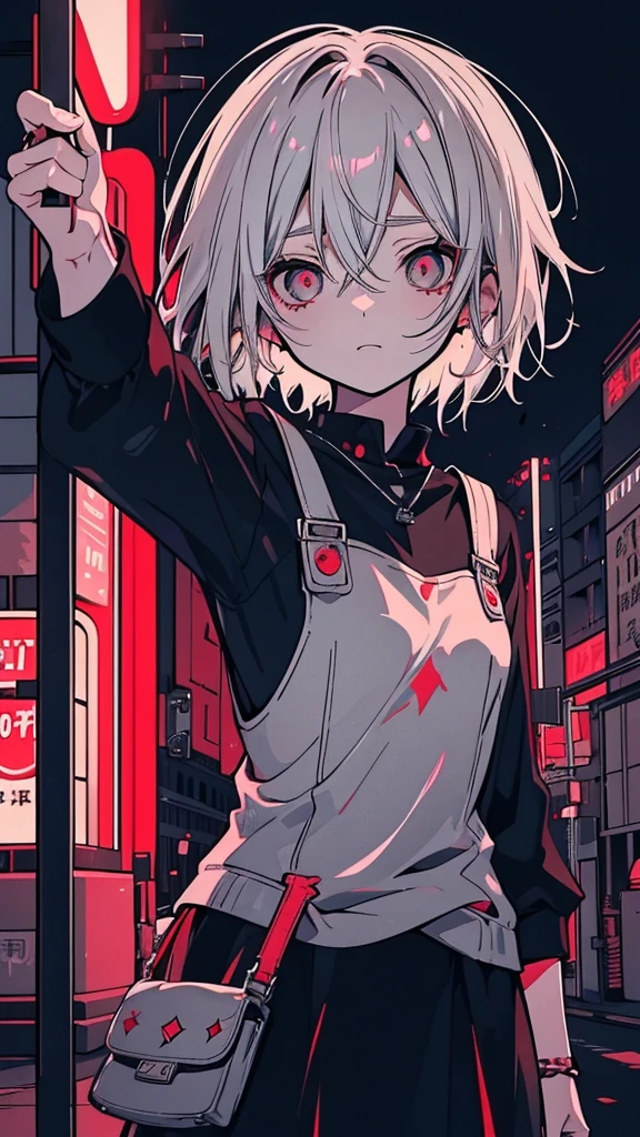 a picture of a women 20 years old short white hair standing in front of a red light, Candid Photography, Gray-haired deity, Gap Moe Yandere grimdark, dynamic poses, Gray-haired girl, Crushing Despair, Flowing white hair, short Hair Anime Girl, perfect Gray-haired girl