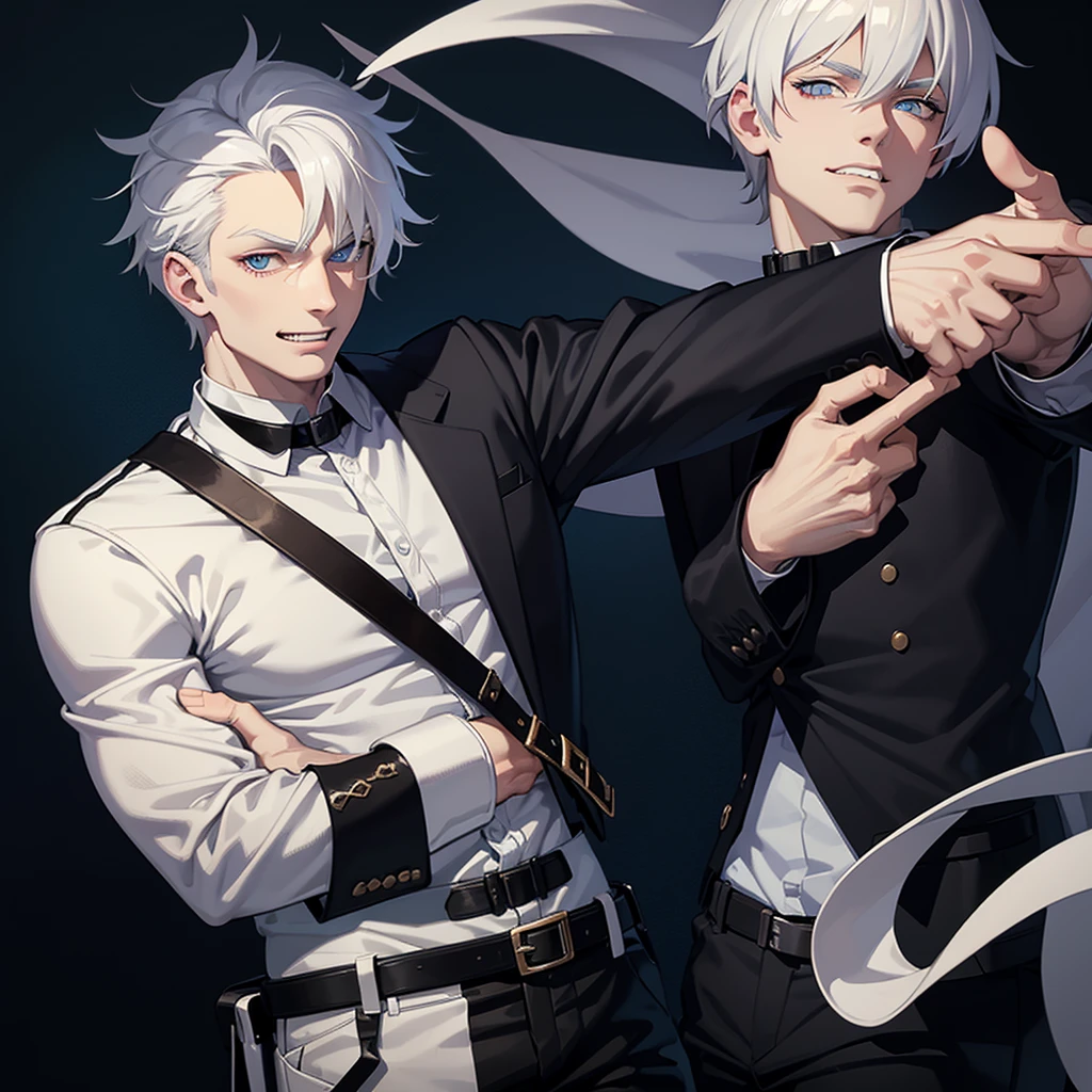 White man, White hair, light blue eyes, no shirt, black pants with belt, flirty face, Vampire teeth.
