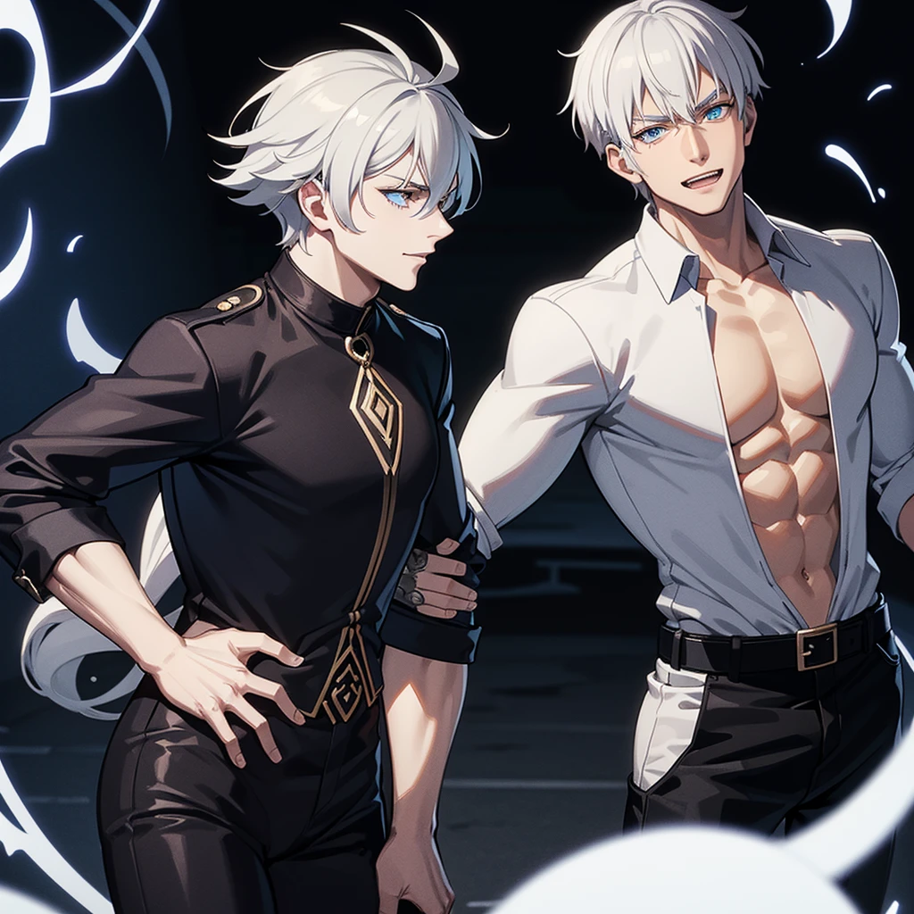 White man, White hair, light blue eyes, no shirt, black pants with belt, flirty face, Vampire teeth.