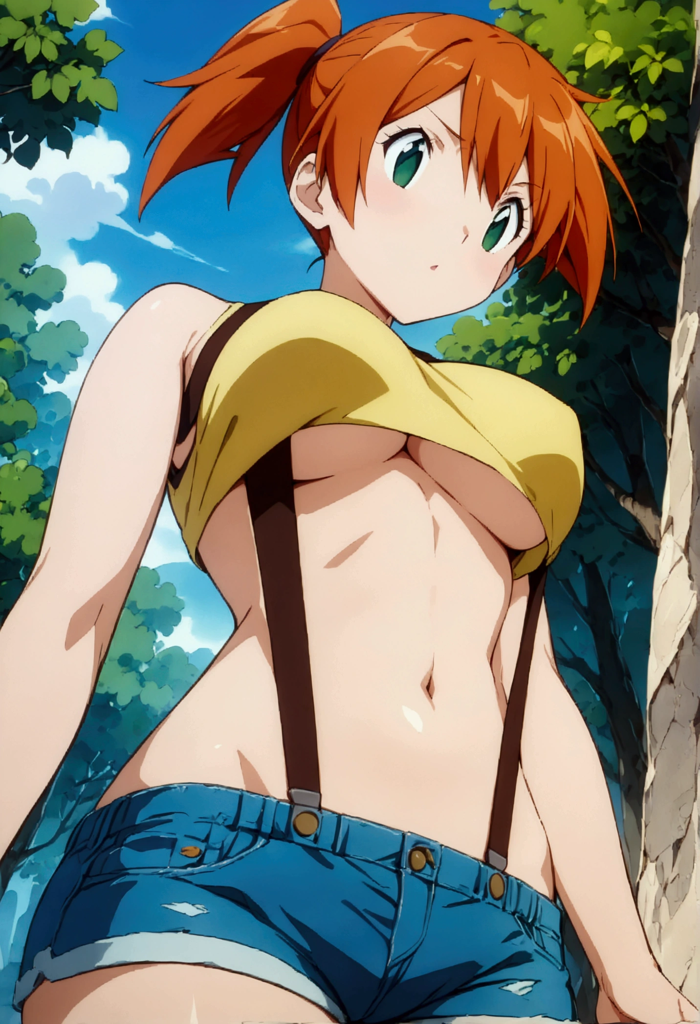 (score_9, score_8_up, score_7_up), ((best quality, masterpiece)),perfect anatomy,((aesthetic,very aesthetic)),official style, (ultra-high resolution),source_anime.from below,below view,face focus ,standing ,  (mature) ,1girl, Outdoor, Green Eyes, Orange Hair, , Yellow Shirt, Sleeveless shirt,((stomach)), Denim shorts, suspenders, ,   (slender), under_boob,unity 8k wallpaper.extremely detailed CG, ,,
