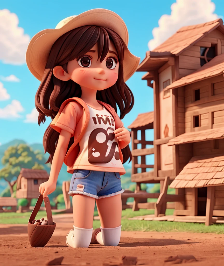 A girl eating chocolate who is wear a her name printed t-shirt which name is "sanchita", and a village background
