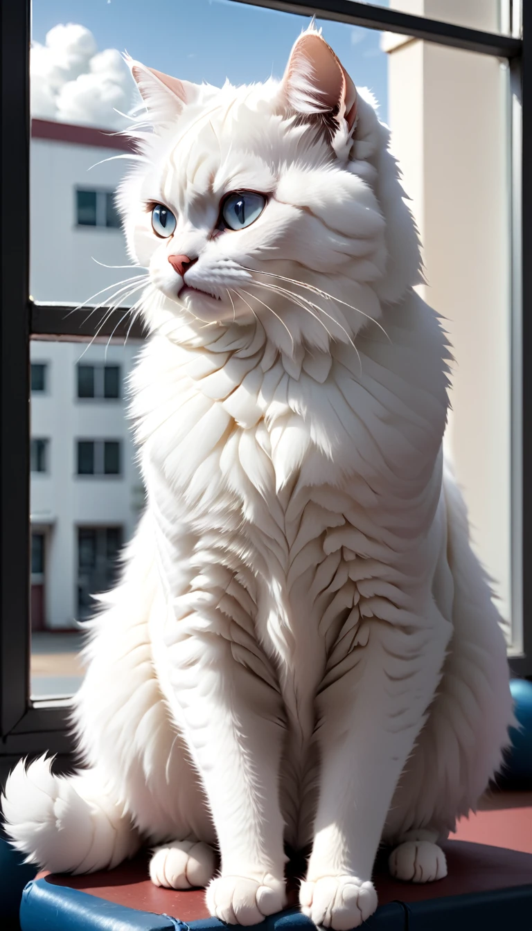 "A cute white cat named Milk with fluffy fur, sitting by a window and gazing dreamily at a boxing gym. The gym is filled with strong, determined boxers training hard. Milk looks small but has a determined expression."