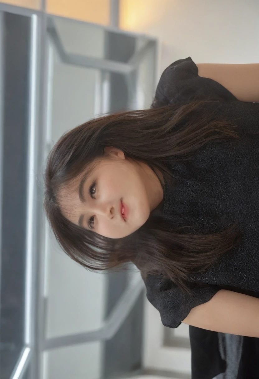 Best Quality, 8k, Masterpiece, (Portrait: 1.3), (photo realistic:1.4), (hyper realistic:1.4), Sharp Focus, looking at viewer, (smoother lighting:1.1), (increase cinematic lighting quality:0.9), realistic lighting, backlighting, light on face, ray trace, (brightening light:1.2), (Increase quality:1.4), sharp detail, (best quality real texture skin:1.4), finely detailed eyes, brown_eyes, finely detailed face, 25 year old Korean woman, (black formal_shirt:1.4), (Create an image maintaining the original base model hairstyle:1.5), smiling_face,