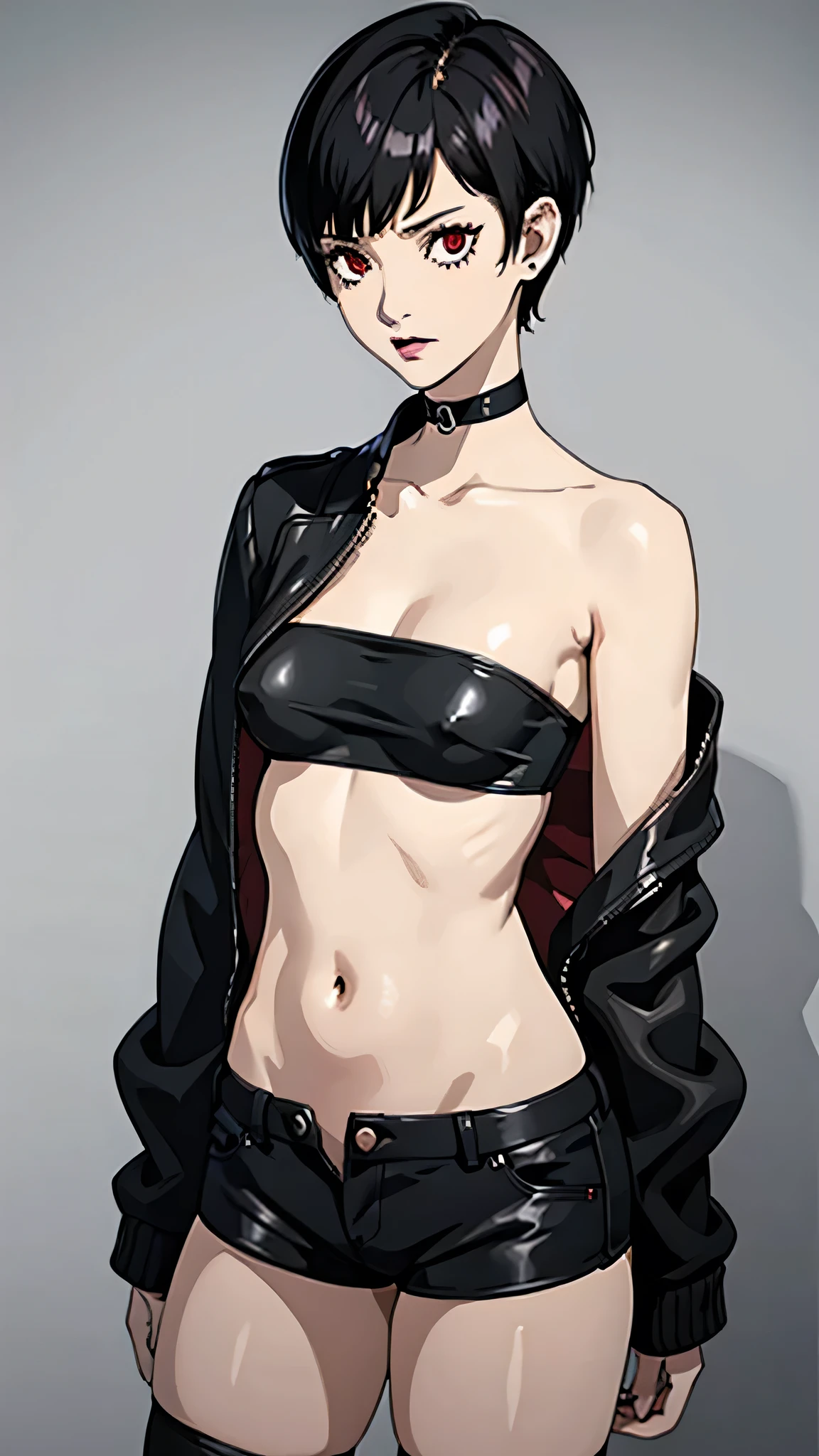 1girl, serious face, red eyes, tomboy Pixie haircut, very Short hair, black hair, black choker, white micro top bandeau, belly, medium breast, extreme micro shorts, stockings, black lipstick, black lipstick ear piercings, cowboy shot, covered nipples