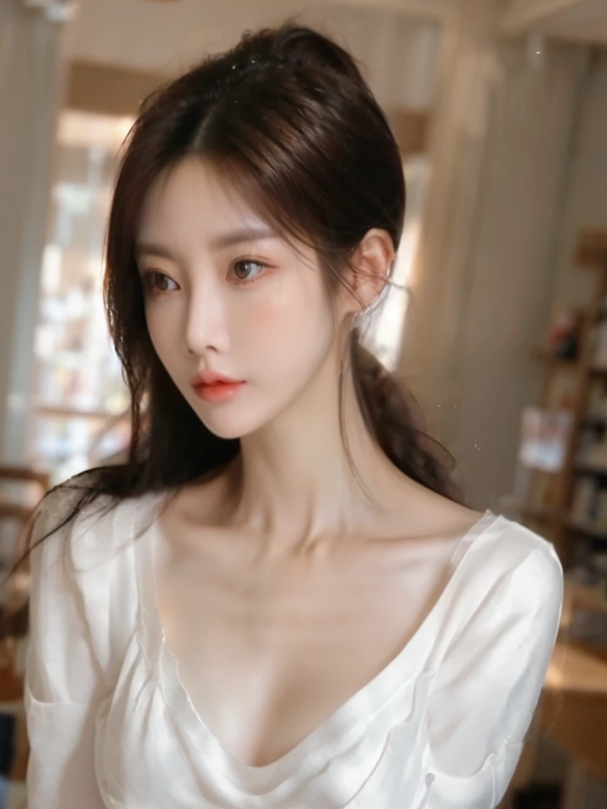 extreme close-up of beautiful korean female, 34 inch breasts size, glasses, in the store, Protruding nipples，(from below，Perspective drawing，horizon shot)，(perfect face+supermodel+Delicate skin+high ponytail+round breasts),[[[muscle]]],(((Anatomically correct))) ,((8k+ultra high resolution+ultra high definition+masterpiece+detailed)),