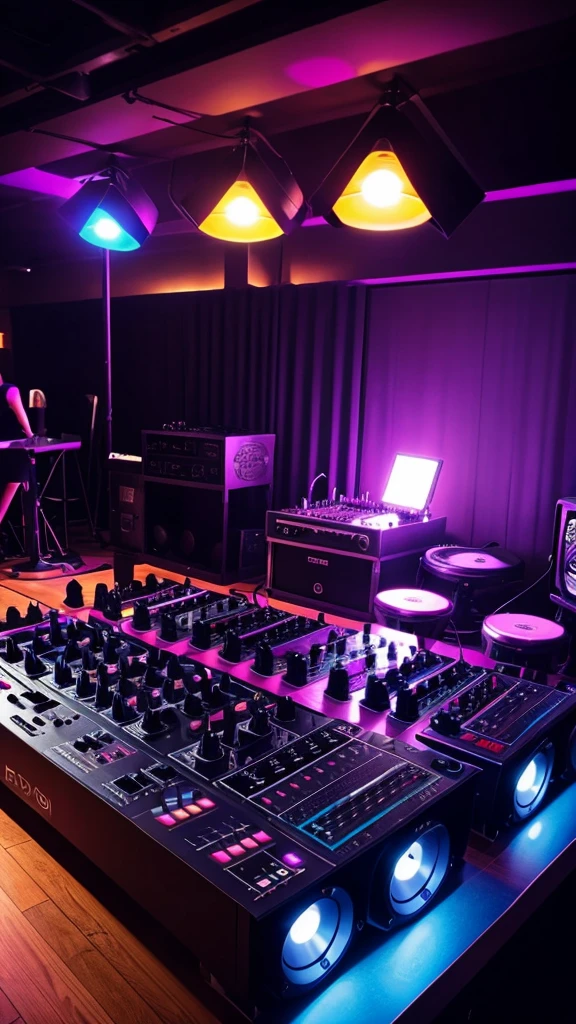 bagroudn on a DJ pRTY, ON A TABLE near by mikes, dj mixer, audio mixers near around