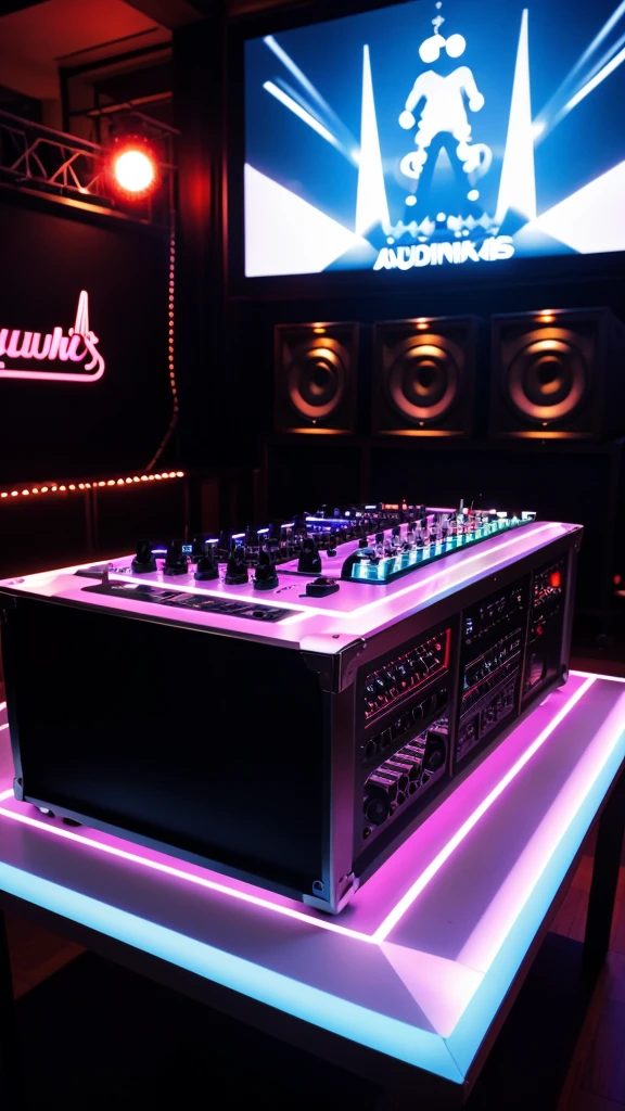 bagroudn on a DJ pRTY, ON A TABLE near by mikes, dj mixer, audio mixers near around