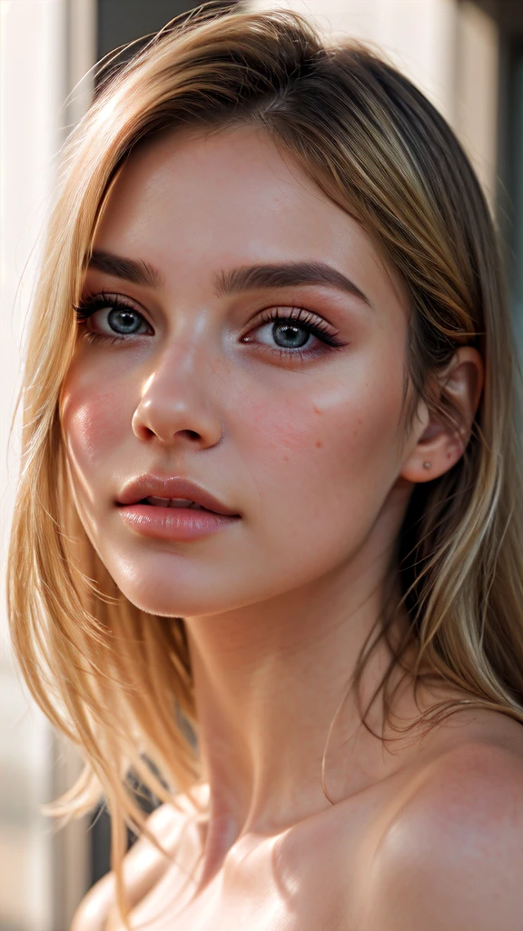 A detailed portrait of a young woman, beautiful detailed eyes, beautiful detailed lips, extremely detailed eyes and face, long eyelashes, elegant expression, porcelain skin, blonde hair, sunlight glowing on her face, ethereal beauty, cinematic lighting, warm color tones, 8K, photorealistic, masterpiece