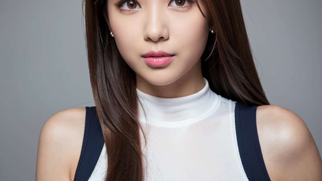 ((Detailed face)),vivid,chest,cute,A silky white outfit with a turtleneck and sleeveless top,4K,Ultra-high resolution,(Photorealistic:1.7),Gray background,Long Hair,