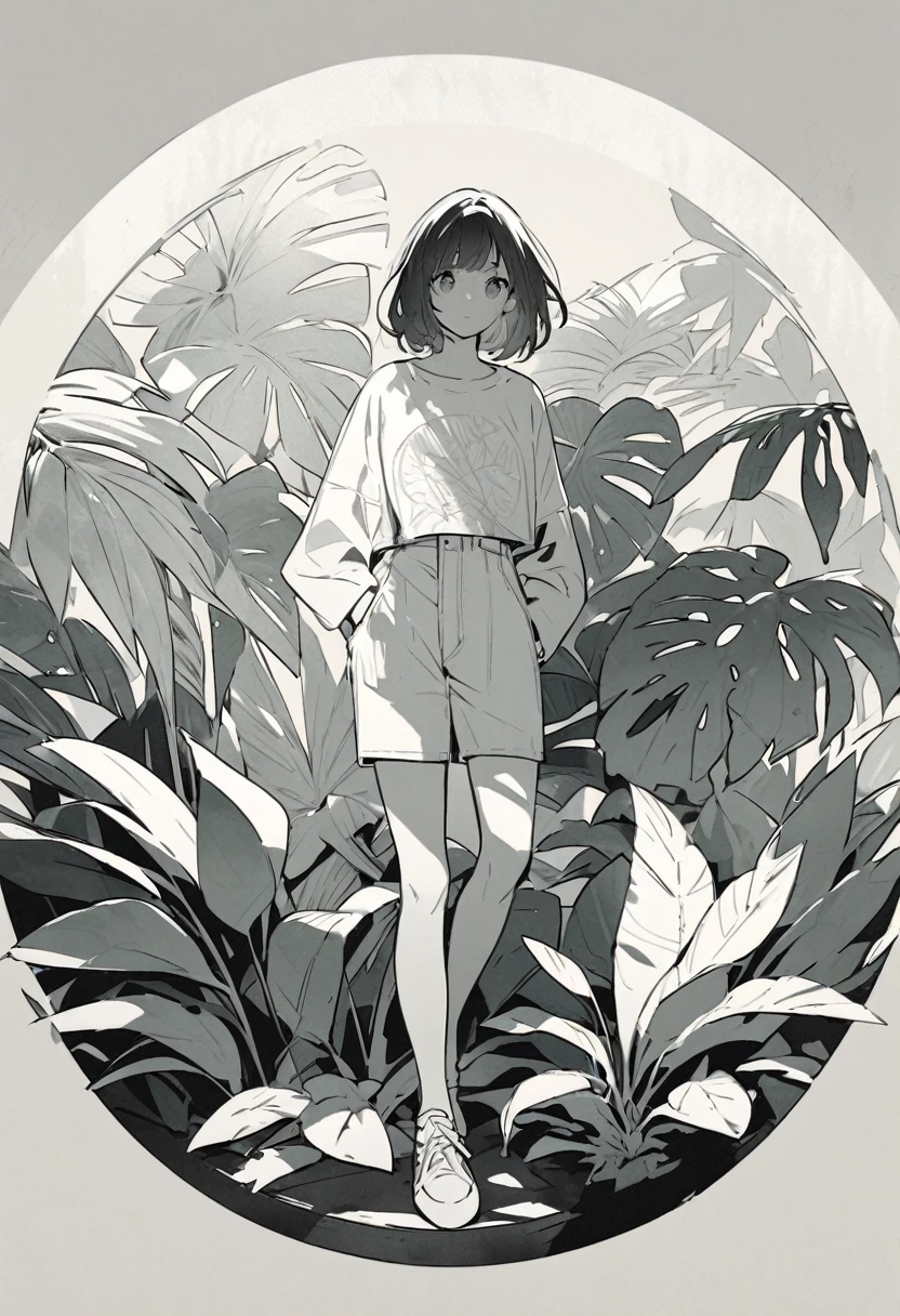 Full body ,dynamic Standing ,(realistic:1.37)、Full body ,(Masterpiece),(very detailed:1.3) ((((best quality))) , (((very detailed))) , (((Masterpiece))) , illustration,fashion, lipstick, Ray Tracing, depth of field, 1girlï¼Œ (alone:1.5) , looking at the audience, ผิวมันshadow, contrast, women&#39;s focus, model, (big breasts:1.3),A cold, mischievous face, attitude, Focus on good fabric, Budget smog,Ojosama pose,
beautiful girl, Pixie cut, tank top, lean forward, Artwork by Adrian Tomine., Artwork by Agnes Cecile., sexy, charming, shadow, incredible light, garden, ขาวดำï¼Œ Hotifyï¼ŒPrettifyï¼ŒPrettyEyesï¼Œ , white background , (Full body:1.5), Blank white background, (white background), Transparent background, looking down, ((masterpiece, illustration, best quality)) 