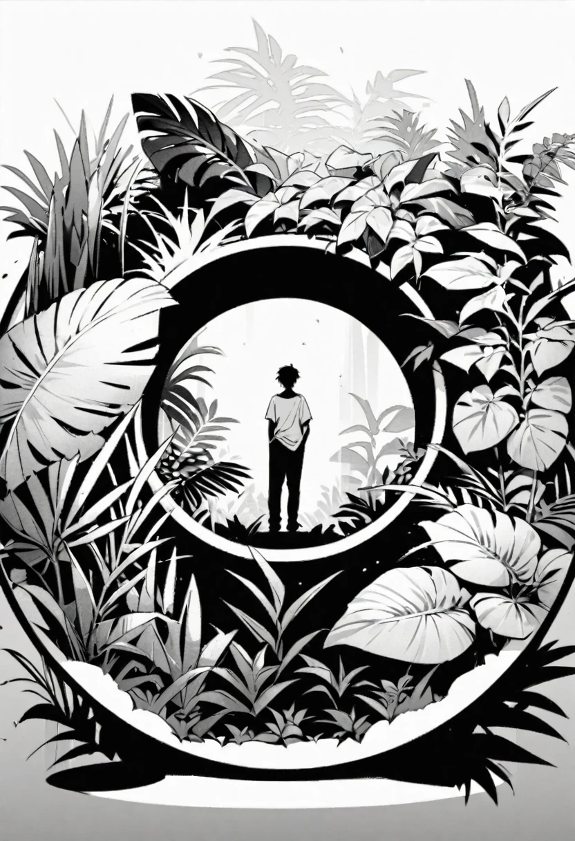 Create an illustration of a person standing in a relaxed pose. He wears a denim jacket, A white T-shirt, Put your hands lightly in your pockets. Tropical plants with large leaves as background, The figures are placed in a circular frame，With crispy, Paper-like background texture. The overall aesthetic is monochrome, Use detailed shadows to give depth and texture to clothing and plants.