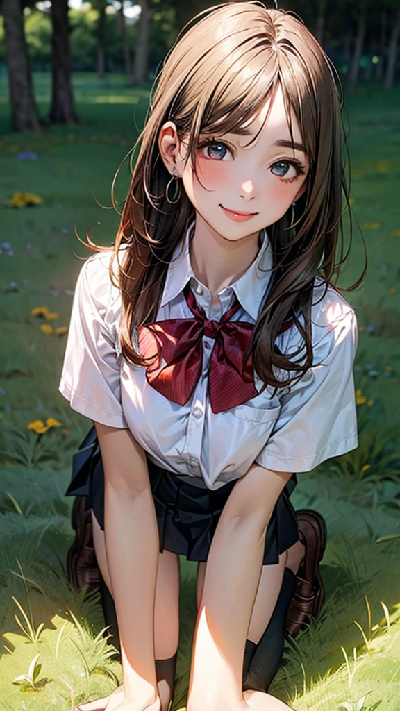 (masterpiece:1.2, top-quality), (realistic, photorealistic:1.4), beautiful illustration, (natural side lighting, movie lighting),
looking at viewer, cowboy shot, front view:0.6, 1 girl, japanese, high school girl, perfect face, cute and symmetrical face, shiny skin,
(long hair:1.8, straight hair:1.7, light brown hair), parted bangs, emerald green eyes, long eye lasher, (large breasts:0.9, thick thighs),
beautiful hair, beautiful face, beautiful detailed eyes, beautiful clavicle, beautiful body, beautiful chest, beautiful thigh, beautiful legs, beautiful fingers,
((, white collared shirts, black pleated mini skirt, black socks, brown loafers, red bow tie)), break, hoop ring earrings, pink panties, dark blue violet In the grass of a meadow, a girl is on all fours. She is clinging to a large dog on her back. The bottom half of the big dog is pressed against the bottom half of the girl's body.
Her face is bright red, her brow is furrowed, her eyes are closed, her mouth is open, and she looks delighted. Her nipples are standing up.
(The skirt is very short).