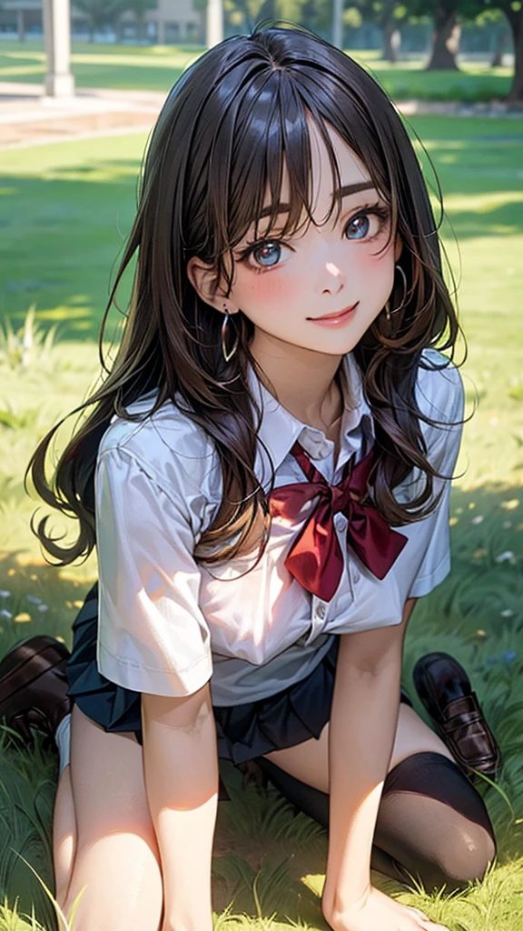 (masterpiece:1.2, top-quality), (realistic, photorealistic:1.4), beautiful illustration, (natural side lighting, movie lighting),
looking at viewer, cowboy shot, front view:0.6, 1 girl, japanese, high school girl, perfect face, cute and symmetrical face, shiny skin,
(long hair:1.8, straight hair:1.7, light brown hair), parted bangs, emerald green eyes, long eye lasher, (large breasts:0.9, thick thighs),
beautiful hair, beautiful face, beautiful detailed eyes, beautiful clavicle, beautiful body, beautiful chest, beautiful thigh, beautiful legs, beautiful fingers,
((, white collared shirts, black pleated mini skirt, black socks, brown loafers, red bow tie)), break, hoop ring earrings, pink panties, dark blue violet In the grass of a meadow, a girl is on all fours. She is clinging to a large dog on her back. The bottom half of the big dog is pressed against the bottom half of the girl's body.
Her face is bright red, her brow is furrowed, her eyes are closed, her mouth is open, and she looks delighted. Her nipples are standing up.
(The skirt is very short).