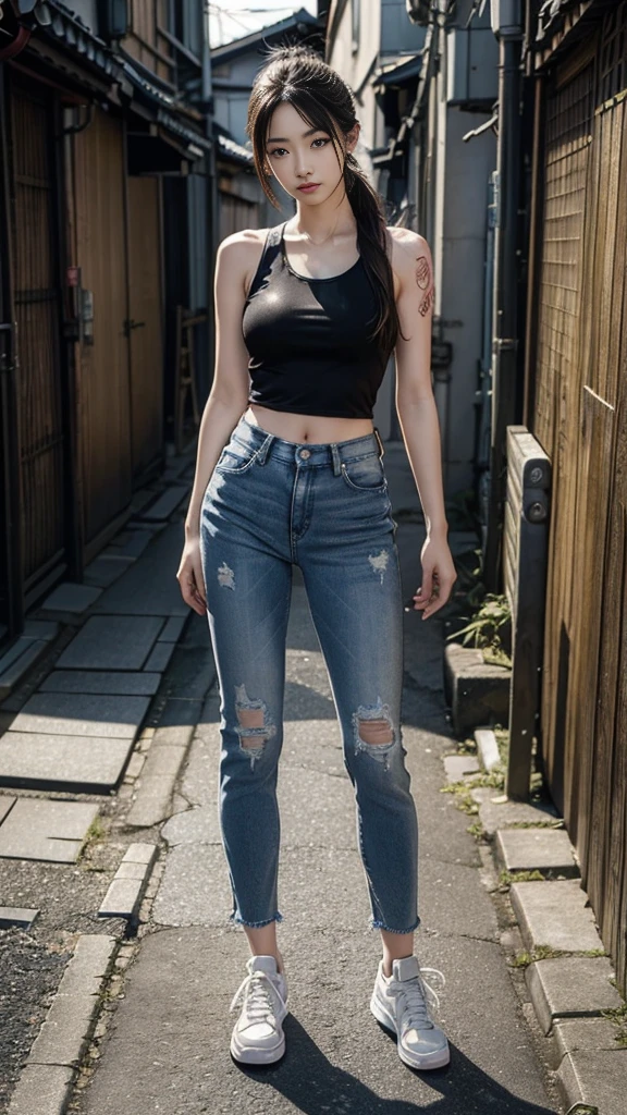 8k,Realistic skin texture、Superrealism、Realistic photos、Japanese women、、Stand with a Japan sword、Stand up to your full height.、The tip of the sword is pointed at me、Tank top,Oversized jeans、sneakers、Shinjuku back alley、Innovative Configuration、Full body photo、、A melancholic look、tattoo、rain