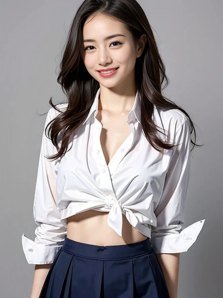 Gray background、pubic hair、Large Breasts、Thighs、(((Glaring)))、Curly Hair、Disheveled Hair、Cute woman、high school girl、White shirt、Navy frill mini skirt、Open chest shirt、tie、smile、A shirt with underwear showing through、