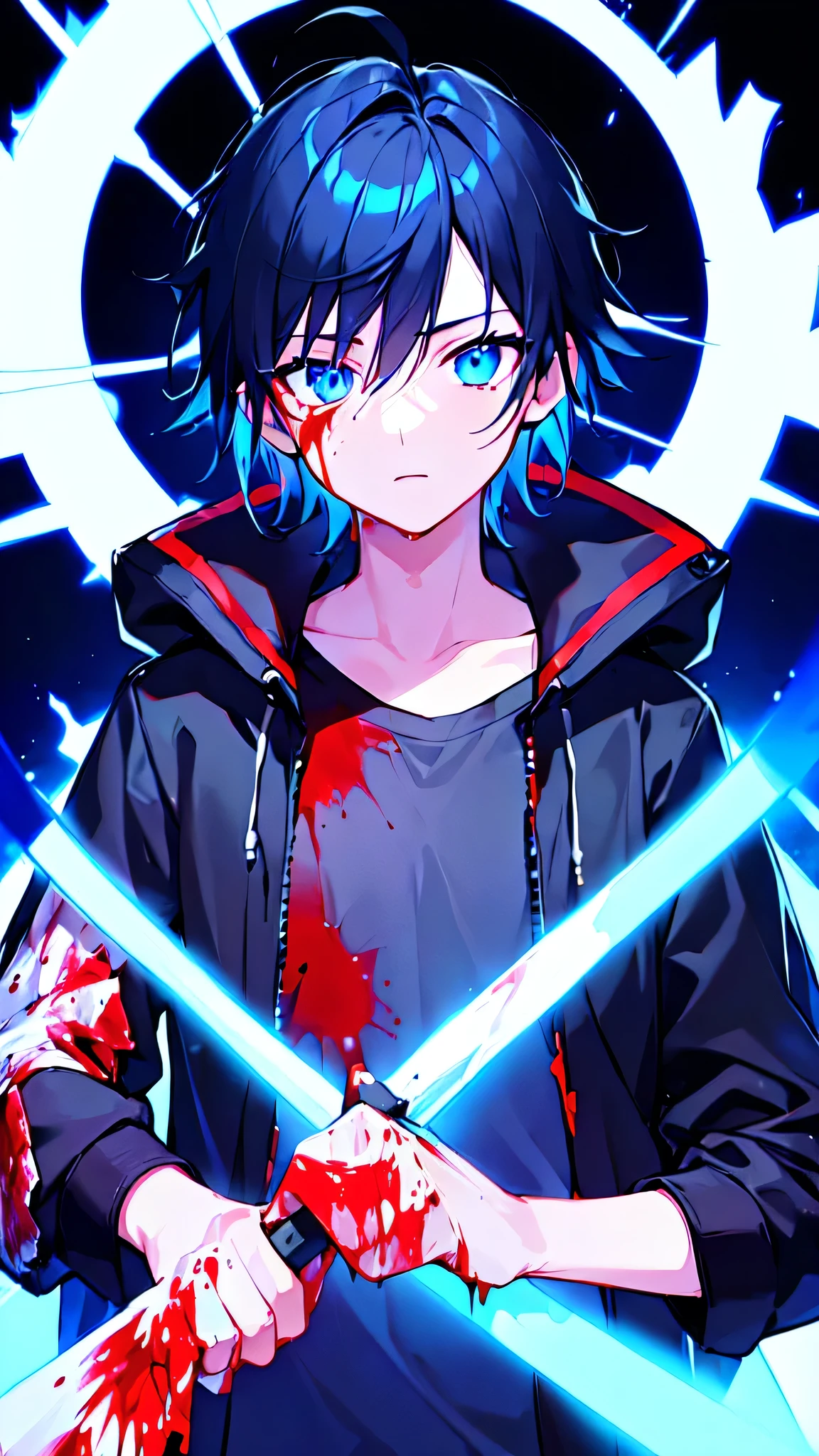 [(Black BACKGROUND:1.5),::5], ((((masterpiece)))), high quality, ultra very high resolution, full color, (((solo))), ((little boy)), BLACK hair, (Blue streaked hair), (oriental deepblue eyes), anime, ((upper body)), Summer clothes, neon light, black parka, (BLOODY EFFECT:1.5)