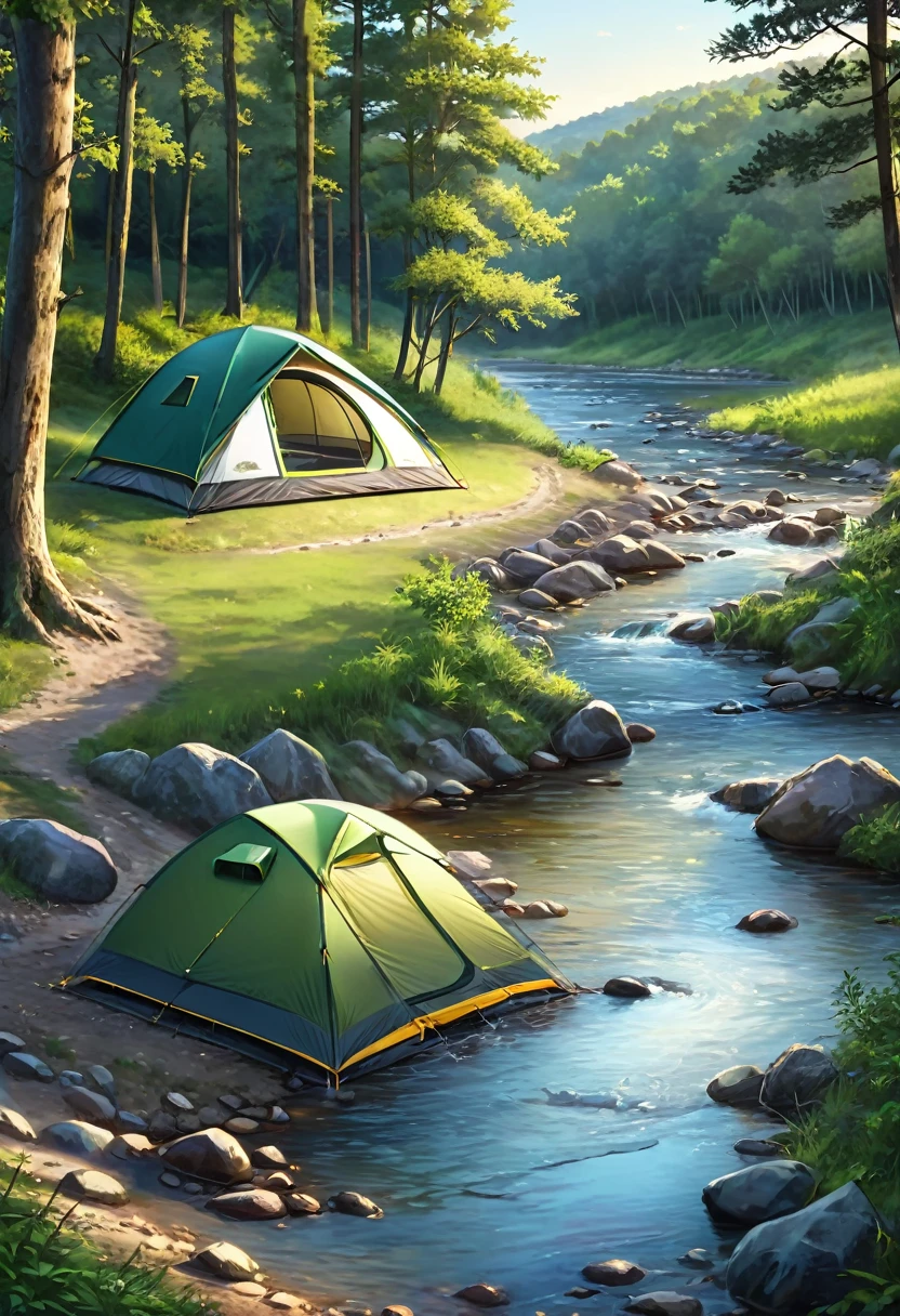 there is a tent pitched up on the bank of a stream, camping, against the backdrop of trees, next to a small river, tent, setting in nature, next to a river, campsites, by Muggur, evening!! in the forest, near a river, beside the river, near a small lake, nestled in a forest, in the middle of a forest