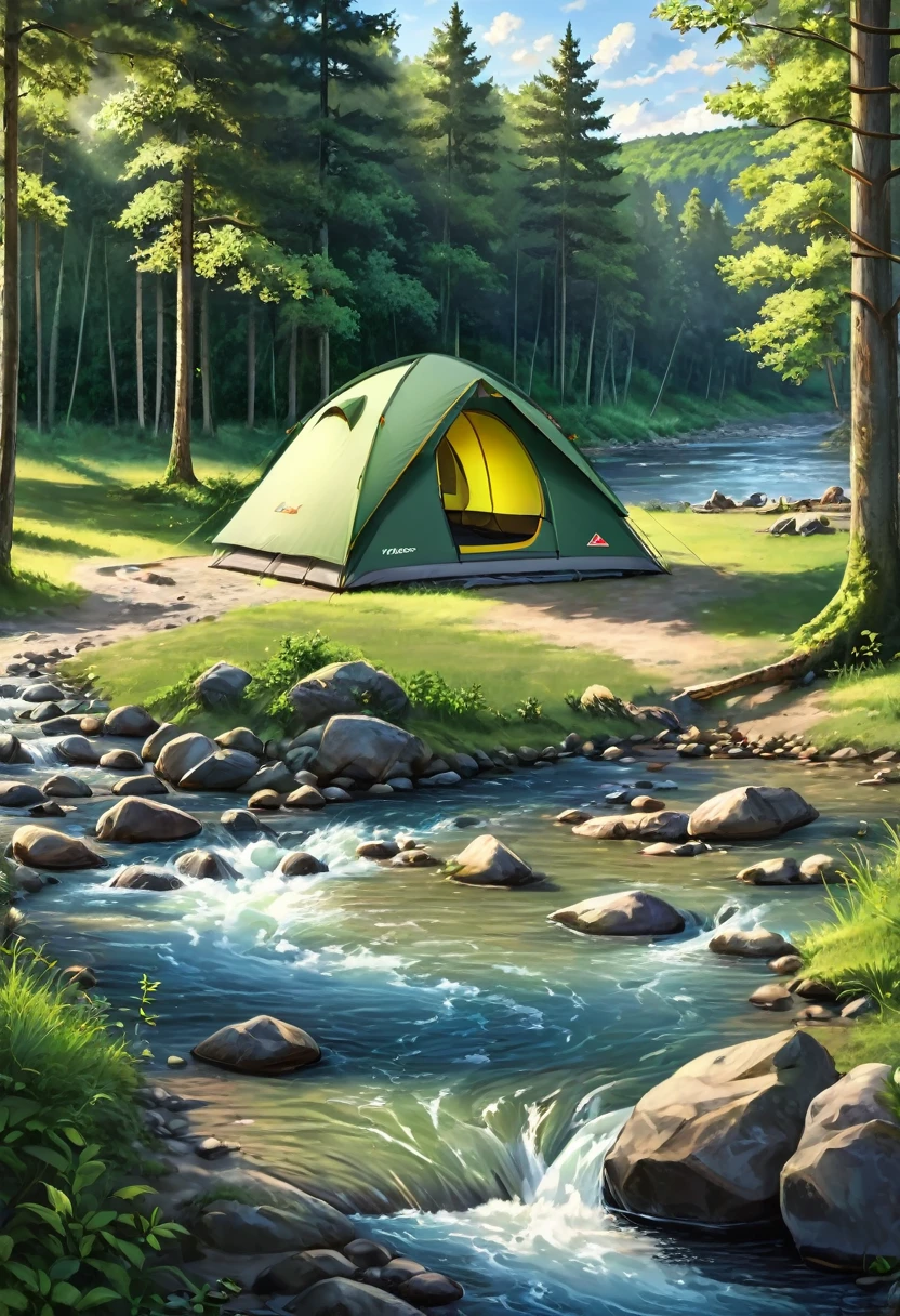 there is a tent pitched up on the bank of a stream, camping, against the backdrop of trees, next to a small river, tent, setting in nature, next to a river, campsites, by Muggur, evening!! in the forest, near a river, beside the river, near a small lake, nestled in a forest, in the middle of a forest