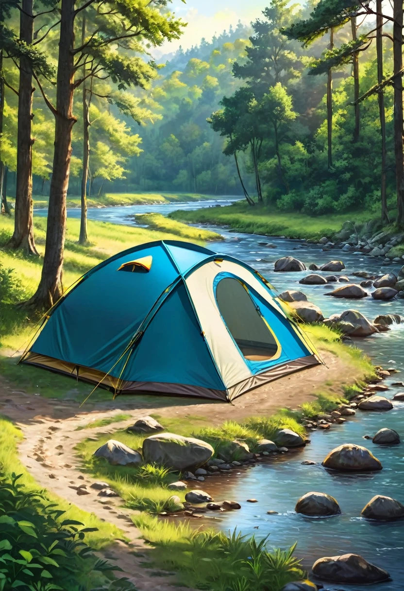 there is a tent pitched up on the bank of a stream, camping, against the backdrop of trees, next to a small river, tent, setting in nature, next to a river, campsites, by Muggur, evening!! in the forest, near a river, beside the river, near a small lake, nestled in a forest, in the middle of a forest