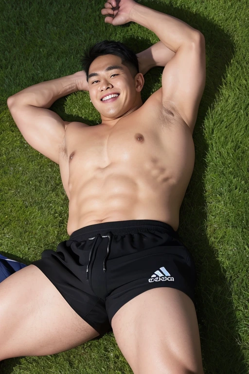 ((highest quality)), ((masterpiece)), (detailed), ((Perfect Face)), 4k, Shaved head, Young Japanese, Muscular, Fat body, Very big man, smile, ((showing off crotch)) A large Japanese man shirtless、whole body、Rugby player、Thick legs、Thick arm muscles、Intimidating、whole body、((wearing a very tight and very short black-shorts)),  (shirtless)、((At the rugby field)), haka dance, (Sit on the grass and spread thighs very wide), Perspective from below