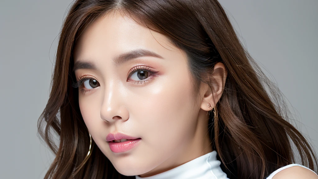 ((Detailed face)),vivid,cute,A silky white outfit with a turtleneck and sleeveless top,4K,Ultra-high resolution,(Photorealistic:1.7),Gray background,Long Hair,