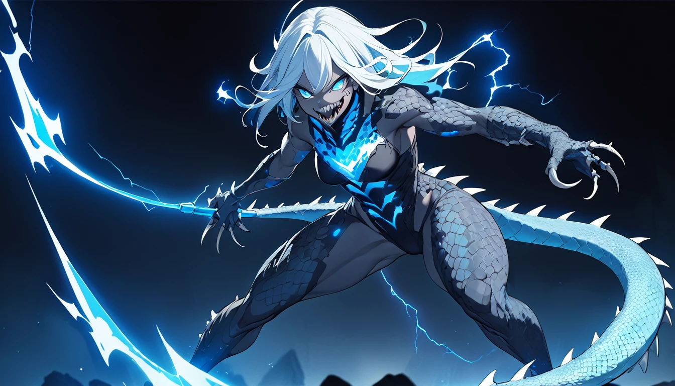 wild lizard girl, a robust and slender body, a long whip tail and long sharp rock-shaped dorsal plates with short light blue hair with 2 glowing electric blue crocodile eyes and a monstrous mouth full of sharp teeth., with 2 arms with 4-clawed fingers and 2 muscular legs with 3-clawed feet, Black bioluminescent skin with electric blue lightning-shaped cracks throughout the body.
