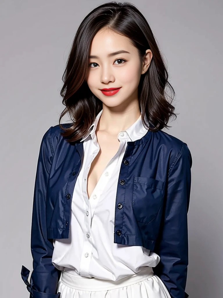 ((Best Quality, in 8K, Maste Piece: 1.3)), Japanese cool beauty, empty blue background: 1.8, White shirt, Gray skirt, Highly detailed facial and skin texture, Smile, fashion model pose