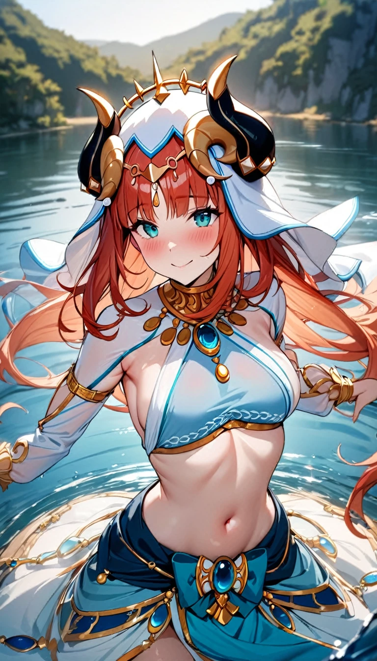 (((best quality)), ((masterpiece)), (details), masterpiece, best quality, high quality, ulutra detailed, perfect face,Shiny Hair、Glowing Skin、blush、nilou、whole body、Dancer、lake、Splash、dance、smile、Sideboob、nilou,1girl,独奏,horns,Veil,navel,