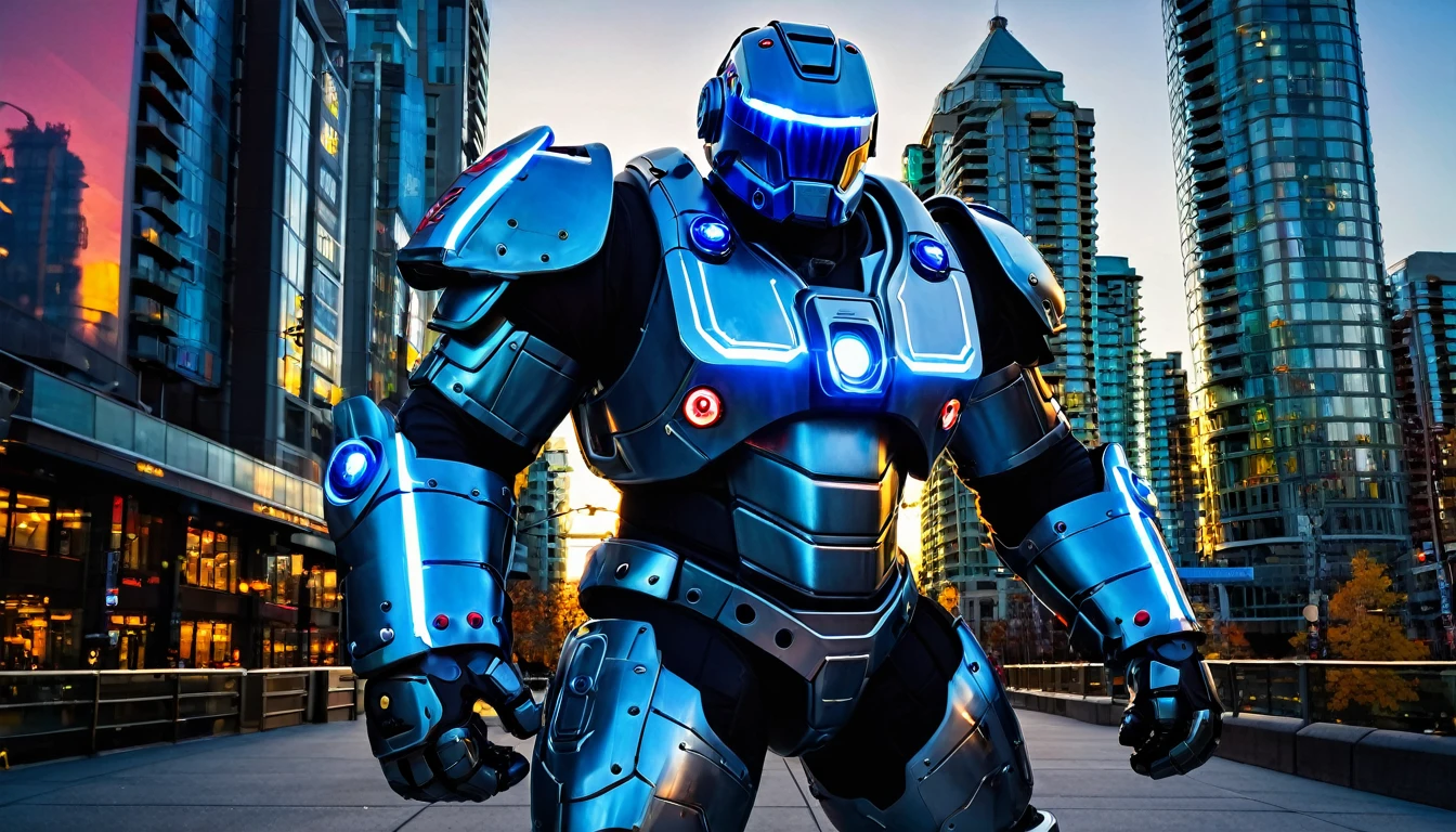 Supersized mech suit ready for battle, battle pose, full body shot, Vancouver Canada, high-quality artwork, metal armour, intense lighting, cityscape background, heroic pose, dramatic shadows, carbon fiber suit with black and yellow neon lights and red eyes, hockey helmet with blue visor, video game, blue electric fists, hulkbuster with goalie hockey mask design,
