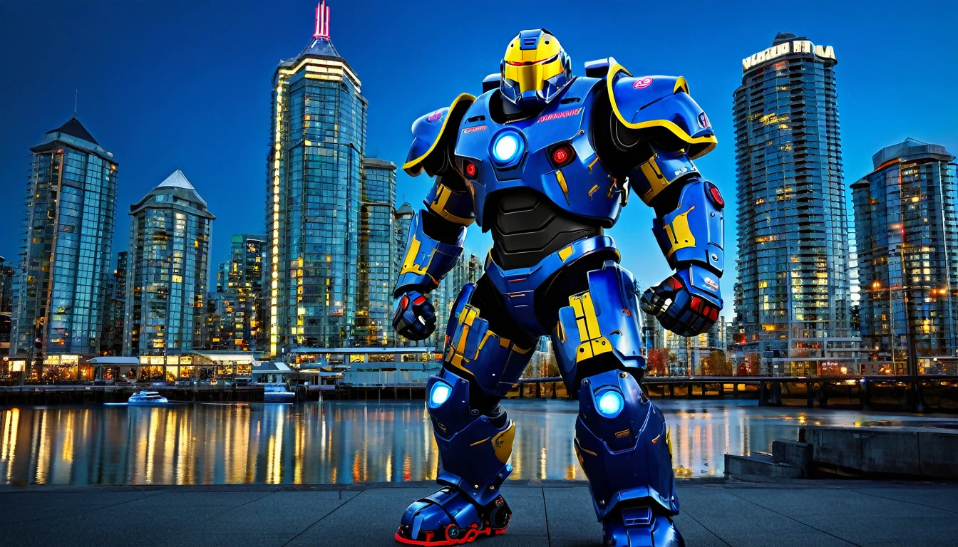 Supersized mech suit ready for battle, battle pose, full body shot, Vancouver Canada, high-quality artwork, metal armour, intense lighting, cityscape background, heroic pose, dramatic shadows, carbon fiber suit with black and yellow neon lights and red eyes, hockey helmet with blue visor, video game, blue electric fists, hulkbuster with goalie hockey mask design,