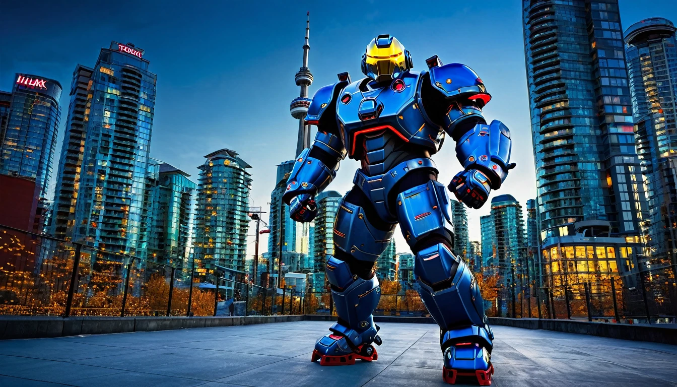 Supersized mech suit ready for battle, battle pose, full body shot, Vancouver Canada, high-quality artwork, metal armour, intense lighting, cityscape background, heroic pose, dramatic shadows, carbon fiber suit with black and yellow neon lights and red eyes, hockey helmet with blue visor, video game, blue electric fists, hulkbuster with goalie hockey mask design,