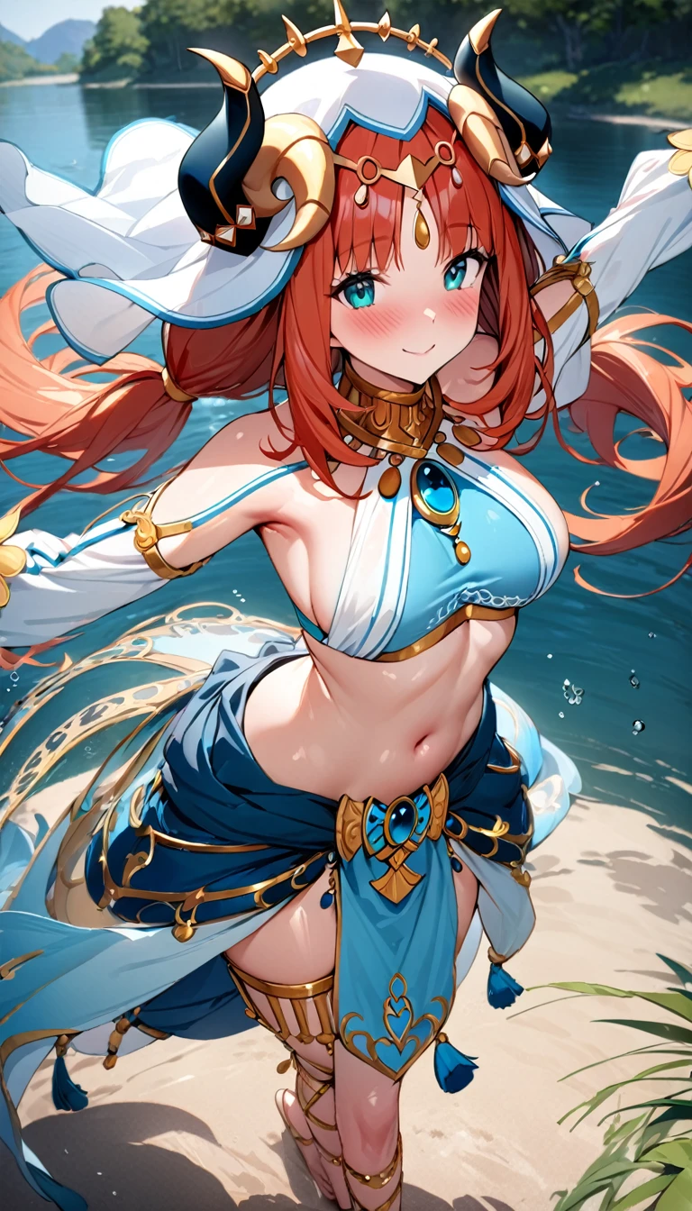 (((best quality)), ((masterpiece)), (details), masterpiece, best quality, high quality, ulutra detailed, perfect face,Shiny Hair、Glowing Skin、blush、nilou、whole body、Dancer、lake、Splash、dance、smile、Sideboob、nilou,1girl,独奏,horns,Veil,navel,