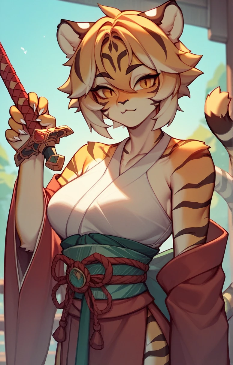 Solo, score_9,score_8_up,score_7_up, kemono style, [Master Tigress], [Kung Fu Panda], red eyes, yellow sclera, tiger female, feminine, tall, skinny, hourglass figure, naked, standing, simple background, wearing a skimpy kimono, kimono barely covering her, exposed shoulder, seductively modeling, sitting on a block, legs crossed, bottom of foot visible, 