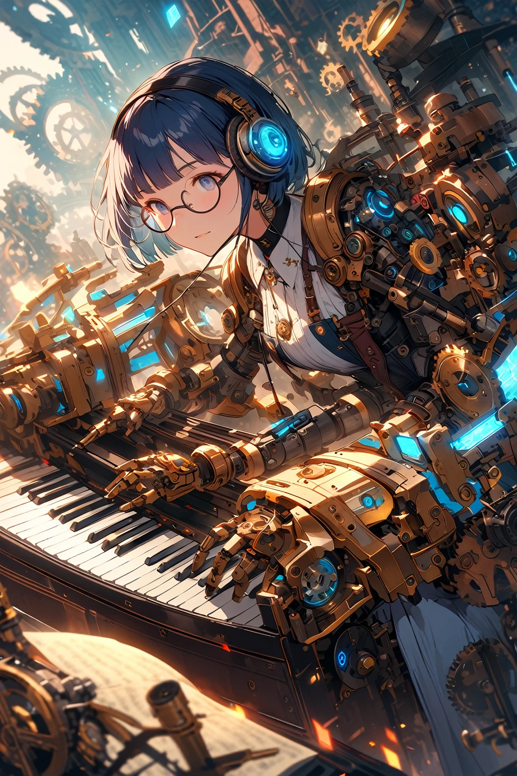 (extremely detailed fine touch:1.3), (((semi-rimless round eyewear:1.3))), (headphone:1.2), short hair, blunt bangs, 1girl, solo, design, steampunk, futuristic, man, mechanical_enhancements, robot_joints, playing_piano, steampunk-inspired_piano, gears, pipes, mechanical_world, futuristic_technology, blue_glowing_tones, serene_sound, emotional_impact, gears, pipes, glowing_elements, musical_notes, robotic_arm, mechanical_human_interaction, intricate_gears, steam_piano