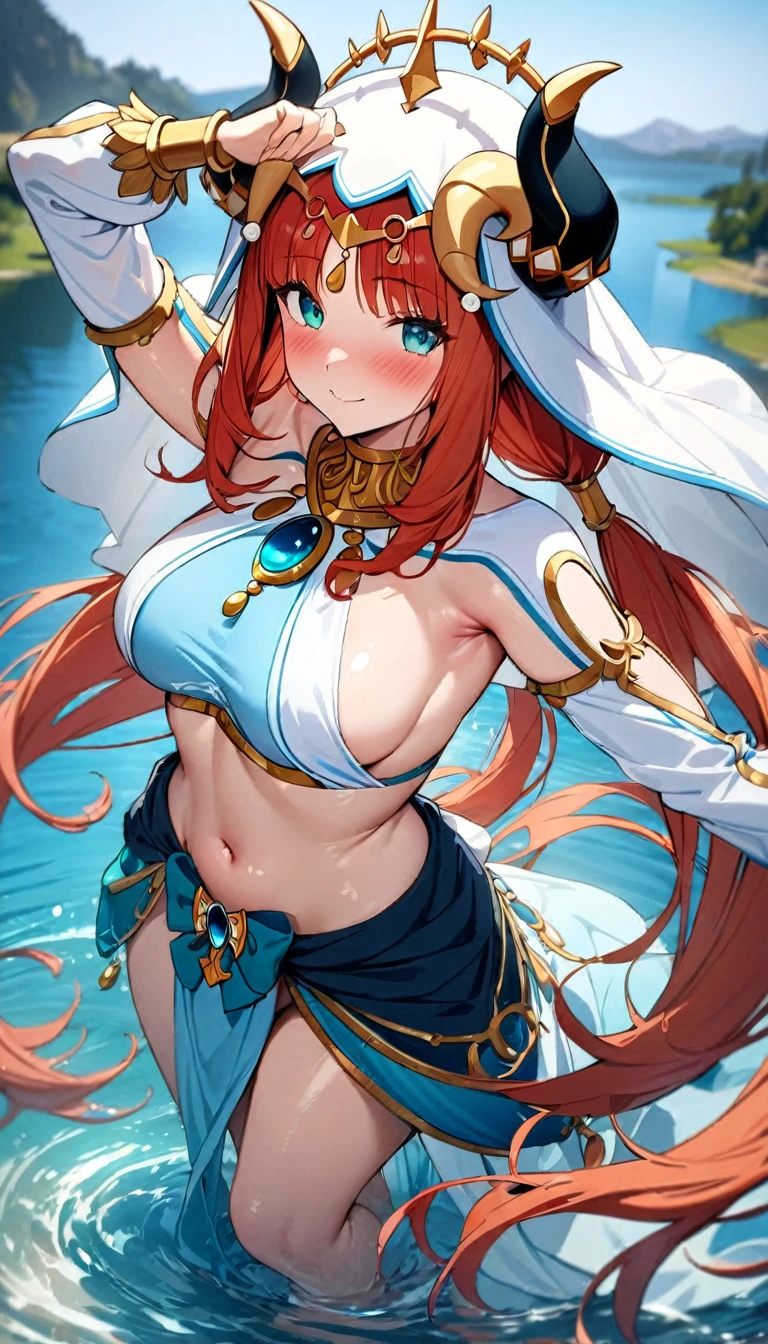 (((best quality)), ((masterpiece)), (details), masterpiece, best quality, high quality, ulutra detailed, perfect face,Shiny Hair、Glowing Skin、blush、nilou、whole body、Dancer、lake、Splash、dance、smile、Sideboob、nilou,1girl,独奏,horns,Veil,navel,