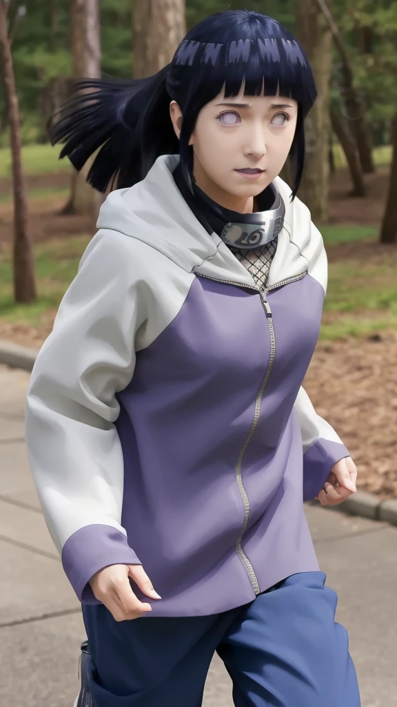 masterpiece, absurdres, 1girl, hinata\(shippuden\), solo,hooded jacket, fishnets, headband around neck, looking at viewer, floating hair, wind, blue pants,