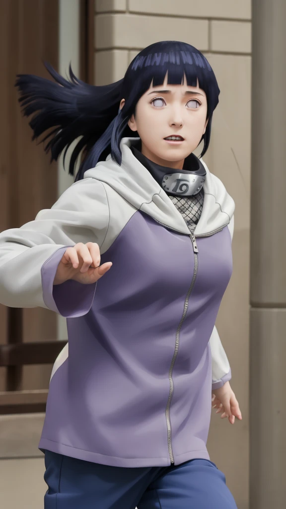 masterpiece, absurdres, 1girl, hinata\(shippuden\), solo,hooded jacket, fishnets, headband around neck, looking at viewer, floating hair, wind, blue pants,