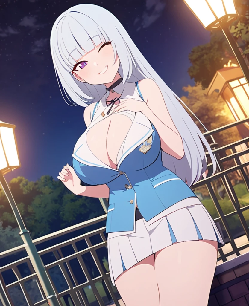 girls, hime cut, long hair, white bluish hair, J cup breast, thicc thigh, sleeveless shirt, half size shirt, micro skirt, deep cleavage, wink, charming smile, park scenes, view clear, night time