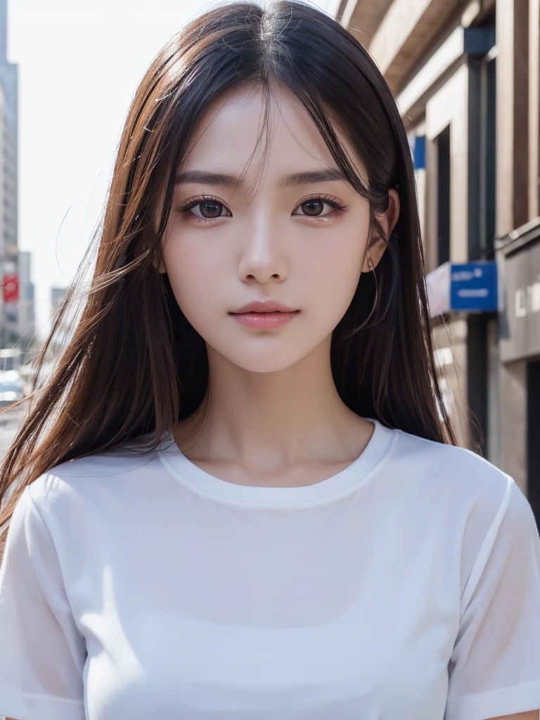 A masterpie, beste Quality, 8K, absurdist, (upper-body:1.4), white shirts, beautyful girl, Clean face, looking at the viewers, Sorrisos, ultra realisic, a highres, pictures, sharp-focused, HDR, face lights, Dynamic lighting, Movie lighting, Professional Shadows, beautiful cityscape background, Supreme Details, extremely detaild, 超detailded, finelydetail, authentic skin, Delicate facial features, detailed face and eyes, Sharp pupils、Realistic pupils