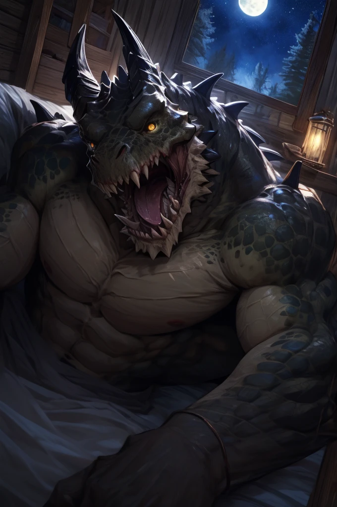 Deathclaw.Wild.Sharp teeth.Huge body.Muscular.scales.Open Mouth.saliva.tongue.Upper body close-up.Big yellow eyes.Selfie.(((Lying in bed))).National costume.night.((Tilted camera.))Bedroom.Log house.force.prey.sense of distance.window.Starry Sky.Atmospheric Darkness.Very dark.Moonlight.(masterpiece.Highest quality.)