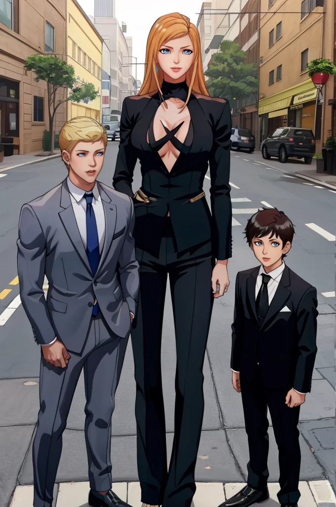 Tall wife in the middle, short husband in the left, short son in the right, beautiful faces, wife is wearing suit and pants, wife has big , wife is showing cleavage, wife is ripped, wife's suit has a belly button cutout, wife has ripped visible abs, make the girls even more taller than the boys, boys are very thin and weak, boys wearing suit and pants, wife is standing barefoot, boys are wearing office shoes
