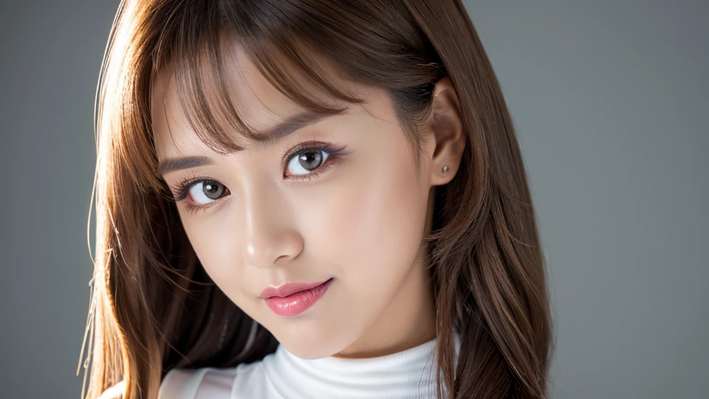((Detailed face)),vivid,cute,A silky white outfit with a turtleneck and sleeveless top,4K,Ultra-high resolution,（Photorealistic：1.7）,Gray background,Long Hair,