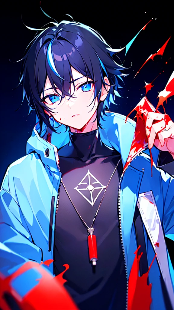 [(Black BACKGROUND:1.5),::5], ((((masterpiece)))), high quality, ultra very high resolution, full color, (((solo))), (( boy)), BLACK hair, (Blue streaked hair), (oriental deepblue eyes), anime, ((upper body)), Summer clothes, neon light, black parka, (BLOODY EFFECT:1.5)