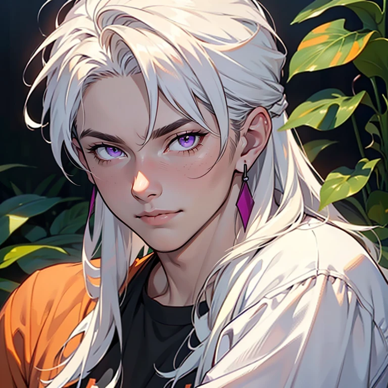 ((masterpiece)), (((best quality))), 1 male, pale white skin, white hair, long hair, handsome man, detailed background of a summer camp, purple eyes, simple earrings, plain orange t-shirt, tight jeans, detailed face, highest quality, highly detailed, original, high resolution CG Unit 8k wallpaper, (best quality, artwork, masterpiece, 4k)