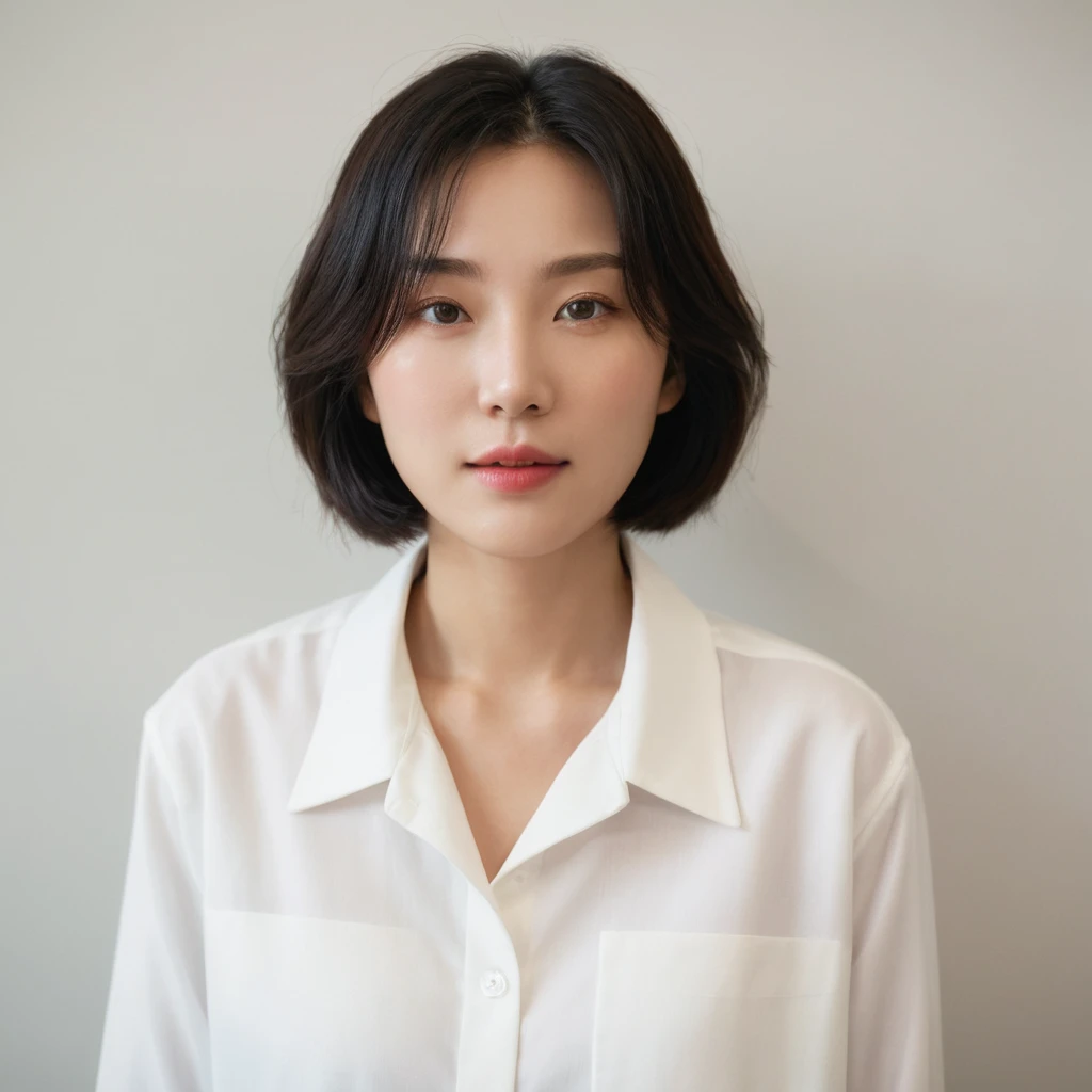 Best Quality, 8k, Masterpiece, (Portrait: 1.3), (photo realistic:1.4), (hyper realistic:1.4), Sharp Focus, looking at viewer, (smoother lighting:1.1), (increase cinematic lighting quality:0.9), realistic lighting, backlighting, light on face, ray trace, (brightening light:1.2), (Increase quality:1.4), sharp detail, (best quality real texture skin:1.4), finely detailed eyes, black_eyes, finely detailed face, 25 year old Korean woman, (white formal_shirt:1.4), (Create an image maintaining the original base model hairstyle:1.5),charmed_face
