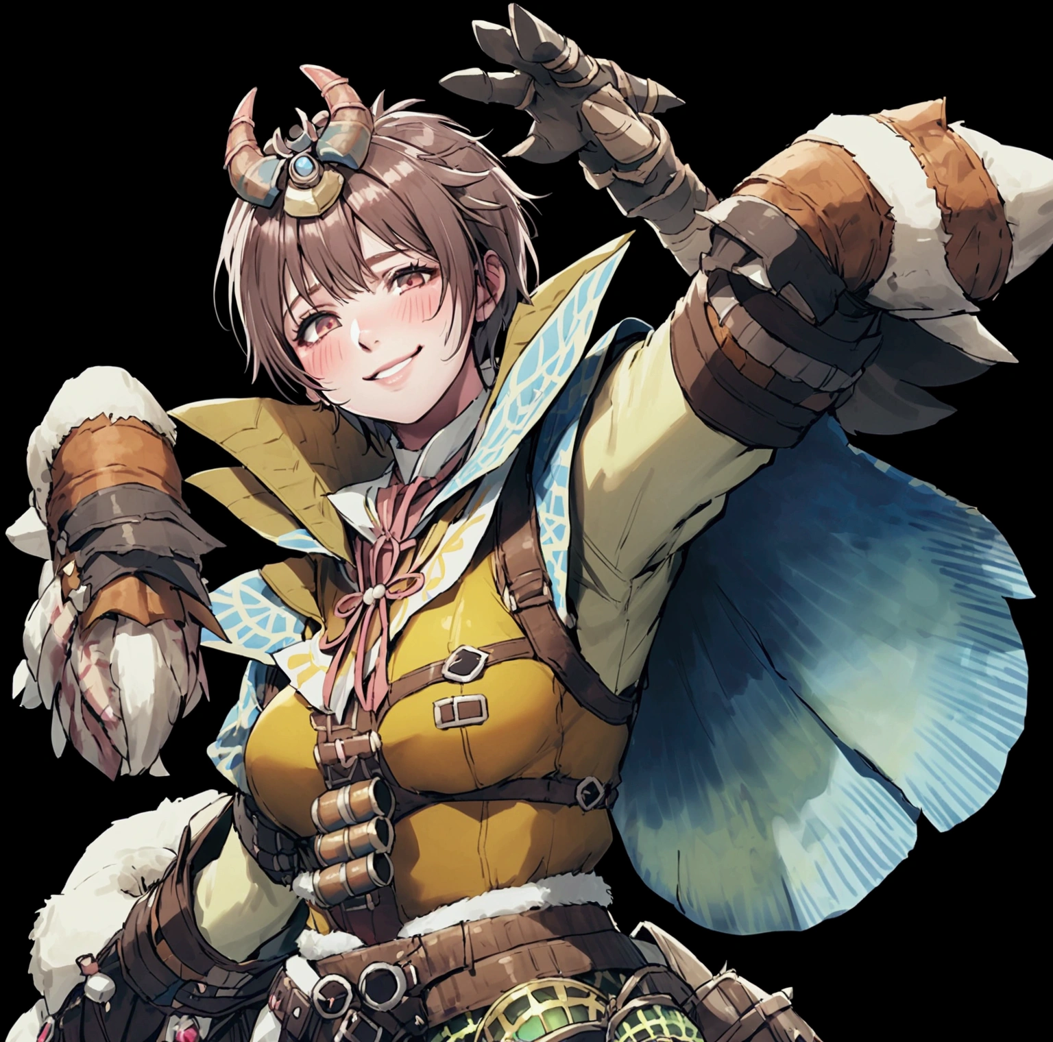 ((monsterhunter)), looking the viewer, solo, girl, shy, red cheek, bashful, embarrassed, smiling, happy, perfect face, beautiful eye, upper body