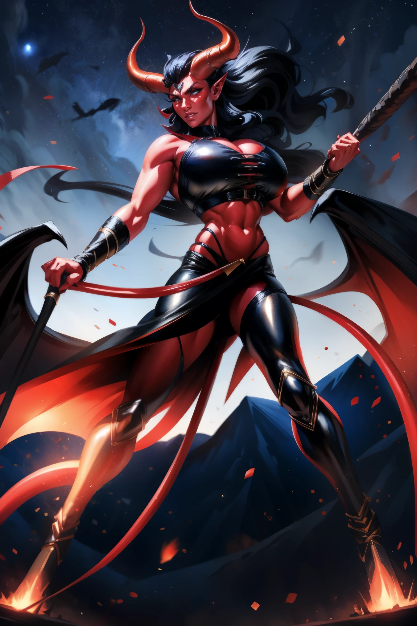 Red skin succubus tiefling, digitigrade legs, full breasts, huge breasts, black horns, wings, huge tail, black leather, crop top, long flowing pelvic curtain, tall, athletic, graceful, thin, long black ponytail. Action scene, whip. Dark scene, explosions, night sky.