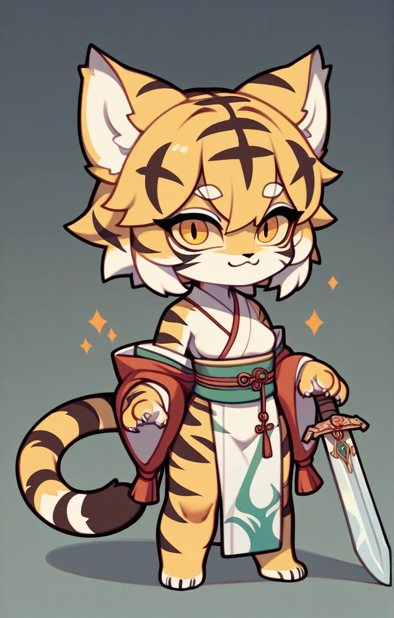 ((Tiger Girl、Sword in right hand、The left hand does not hold anything、))、(masterpiece、cute))、(kimono、A Cup),Mia(World Flipper)、alone、kemono、Cat girl、Female furry,Chibi Character、Background crop、humanoid cheetah、Fantasy、