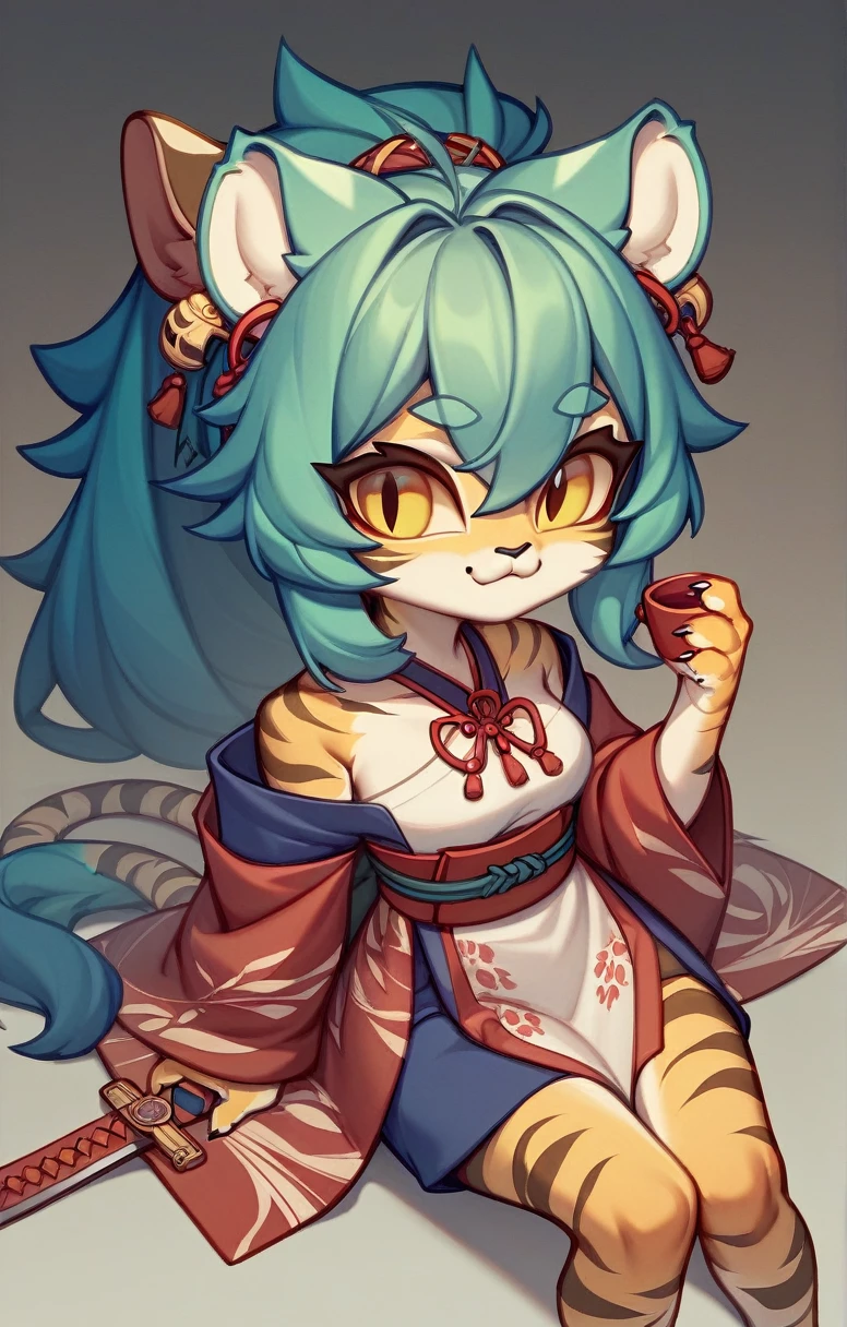 ((Tiger Girl、Sword in right hand、The left hand does not hold anything、))、(masterpiece、cute))、(kimono、A Cup)alone、kemono、Cat girl、Female furry,Chibi Character、Background crop、humanoid cheetah、Fantasy、