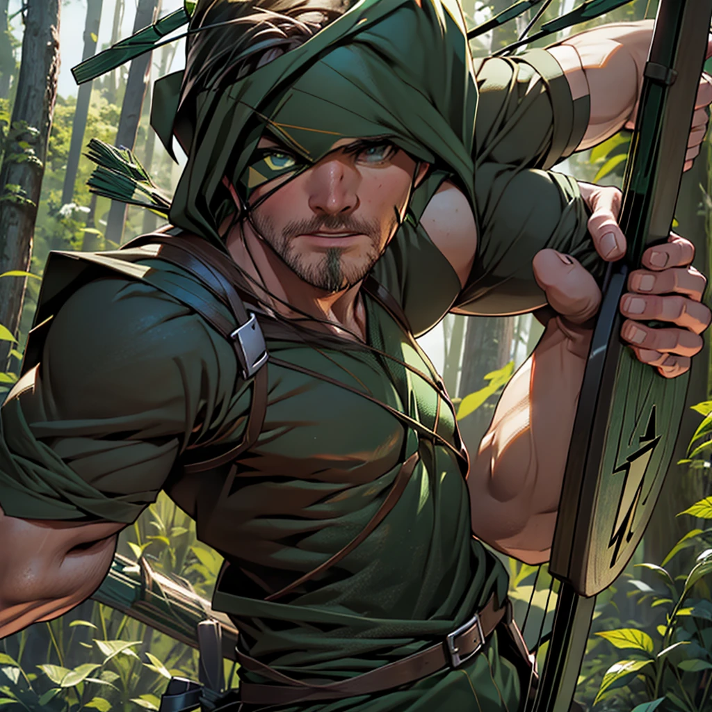 32k, high quality , detailed face , detailed fingers ,detailed muscles  (((stephen amell))) as (((green arrow))) , wearing dark green forest suit   , having a dark blond short hair , a thick well groomed facial hair, a bulge ,hunk and handsome, shooting with his bow and arrow toward the ennemy , with the quiver on his back full of arrows , background  a lush forest and trees